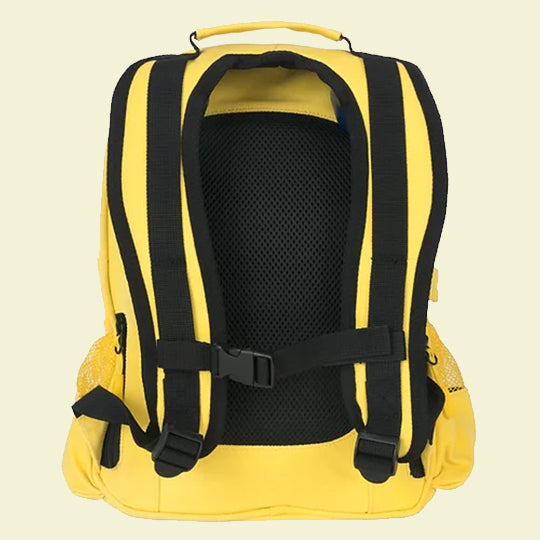 Canvas yellow belt backpack with adjustable shoulder and waist straps, featuring a padded back for comfort.