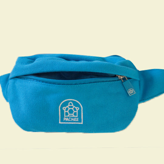 Blue bum bag with a high-quality front zip for easy access, featuring the prominently visible Pachee logo on the front.