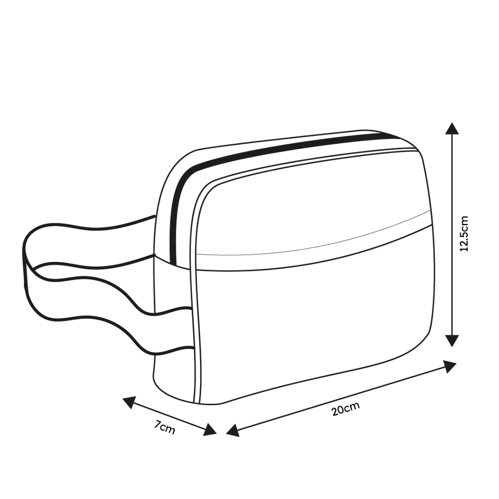 Bum Bag Size Guide with dimensions: Length 20cm, Height 12.5cm, Breadth 7cm, displayed on a neutral background.