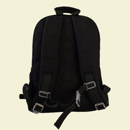 Black Junior backpack featuring adjustable back shoulder straps and a waist strap with a transparent buckle, available at Pachee.