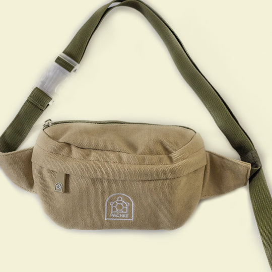 Canvas brown bum bag showcasing quality cotton material, lengthy strap, stylish zip, and Pachee logo in front – available at Pachee online store.