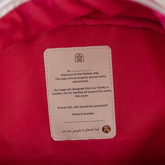 Inner label for child's name and contact details with Pachee welcome note in canvas junior backpacks. Available online at Pachee.