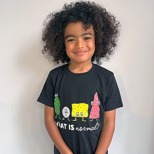 Black kids ethical T-shirt featuring the statement "WHAT IS normal?" in white font, with playful, funny faces for added fun.