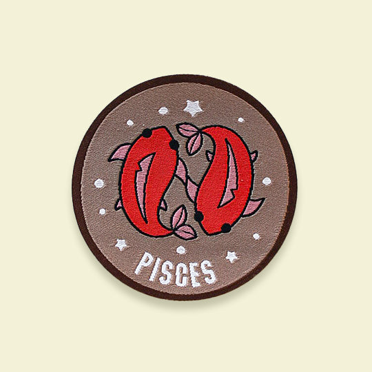Pisces zodiac iron-on or sew-on patch featuring the astrology symbol with the name 'Pisces,' perfect for personalizing your items.