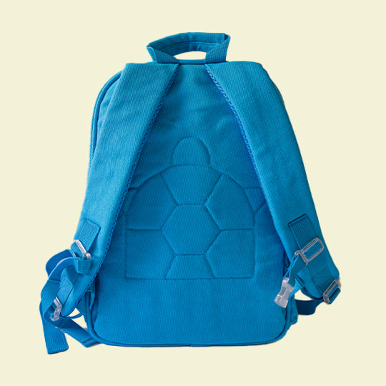 Blue junior backpack with adjustable shoulder straps and stitched Pachee logo on the back, available online at Pachee.