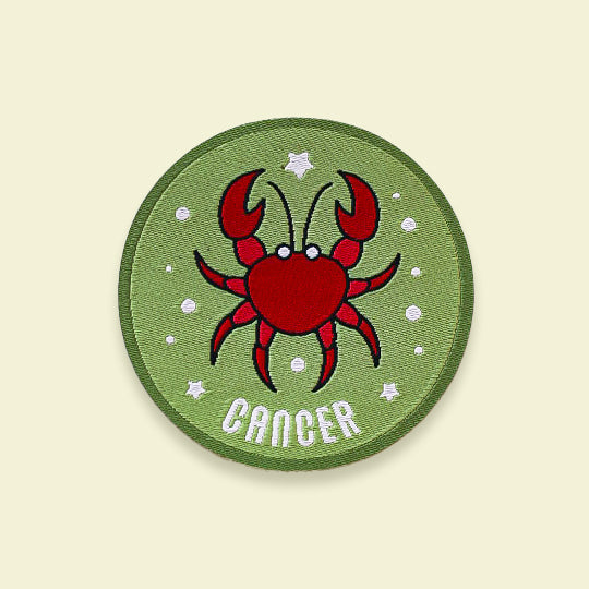 Colourful Cancer zodiac patch with symbol and name, perfect for personalising your belongings.