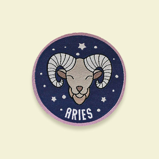 Aries iron-on patch with symbol and name, available at Pachee UK. Perfect for personalising your items.