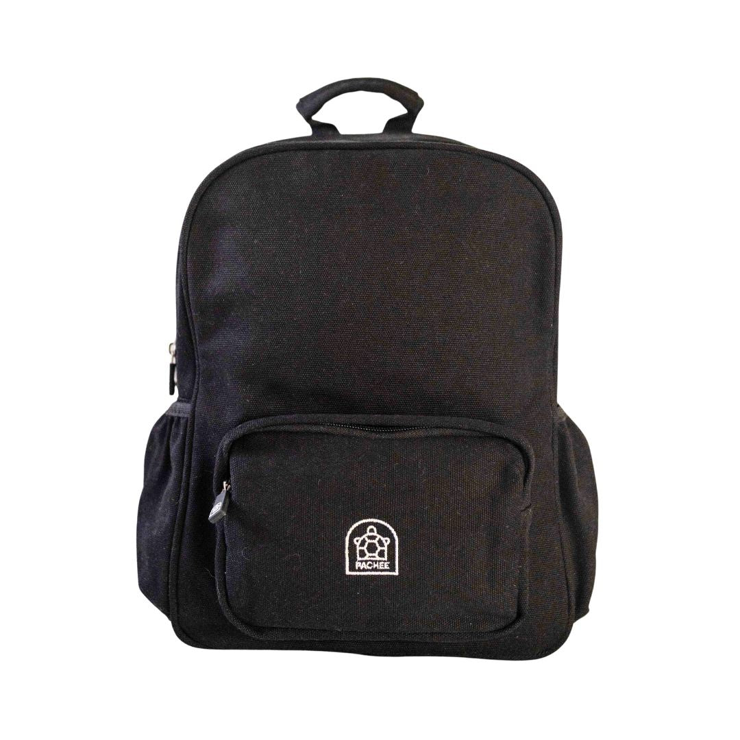 Black junior backpack with a sleek, modern design, perfect for school or travel, available at Pachee online store.