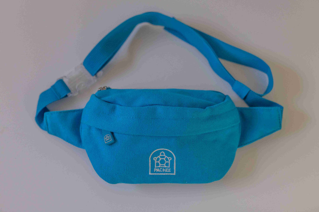 Front view of a Quality Blue Bum Bag featuring the Pachee logo prominently displayed on the front.
