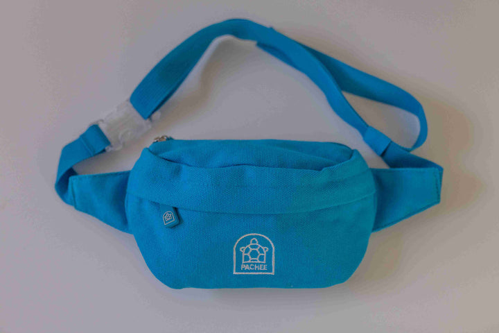 Blue bum bag with a high-quality front zip for easy access, featuring the prominently visible Pachee logo on the front.