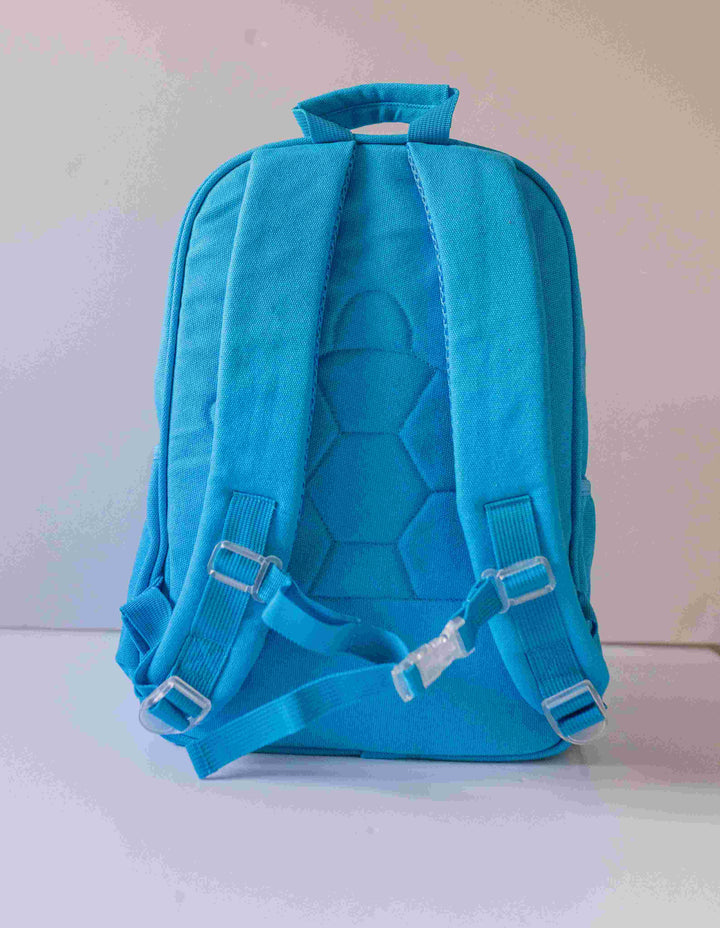 Backside view of Blue junior backpack featuring sturdy shoulder straps and adjustable waist strap, available at Pachee online store.