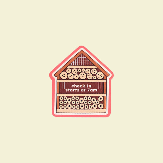 Bug Hotel Patch with 'Check-in starts at 7 am' phrase, featuring a cosy and welcoming design for nature lovers.