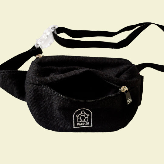 A front view of sleek black bum bag featuring the Pachee logo, showcasing a stylish design for casual wear.