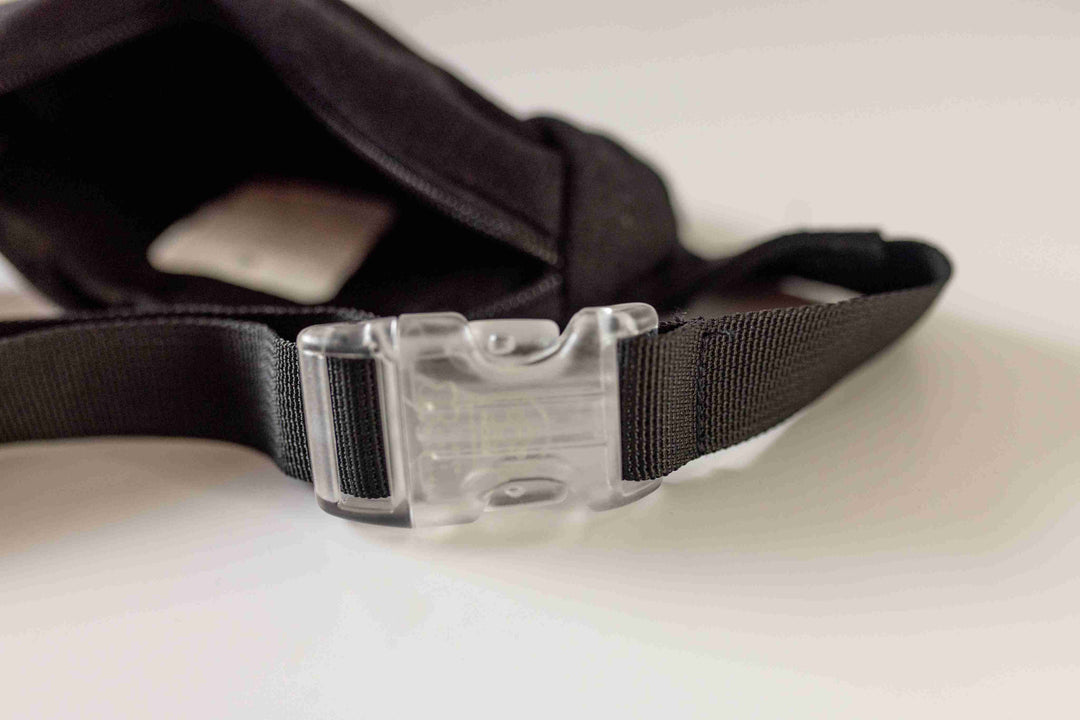 A close-up image of a Bum Bag buckle showcasing its transparent quality, highlighting the sleek and durable design of the buckle.