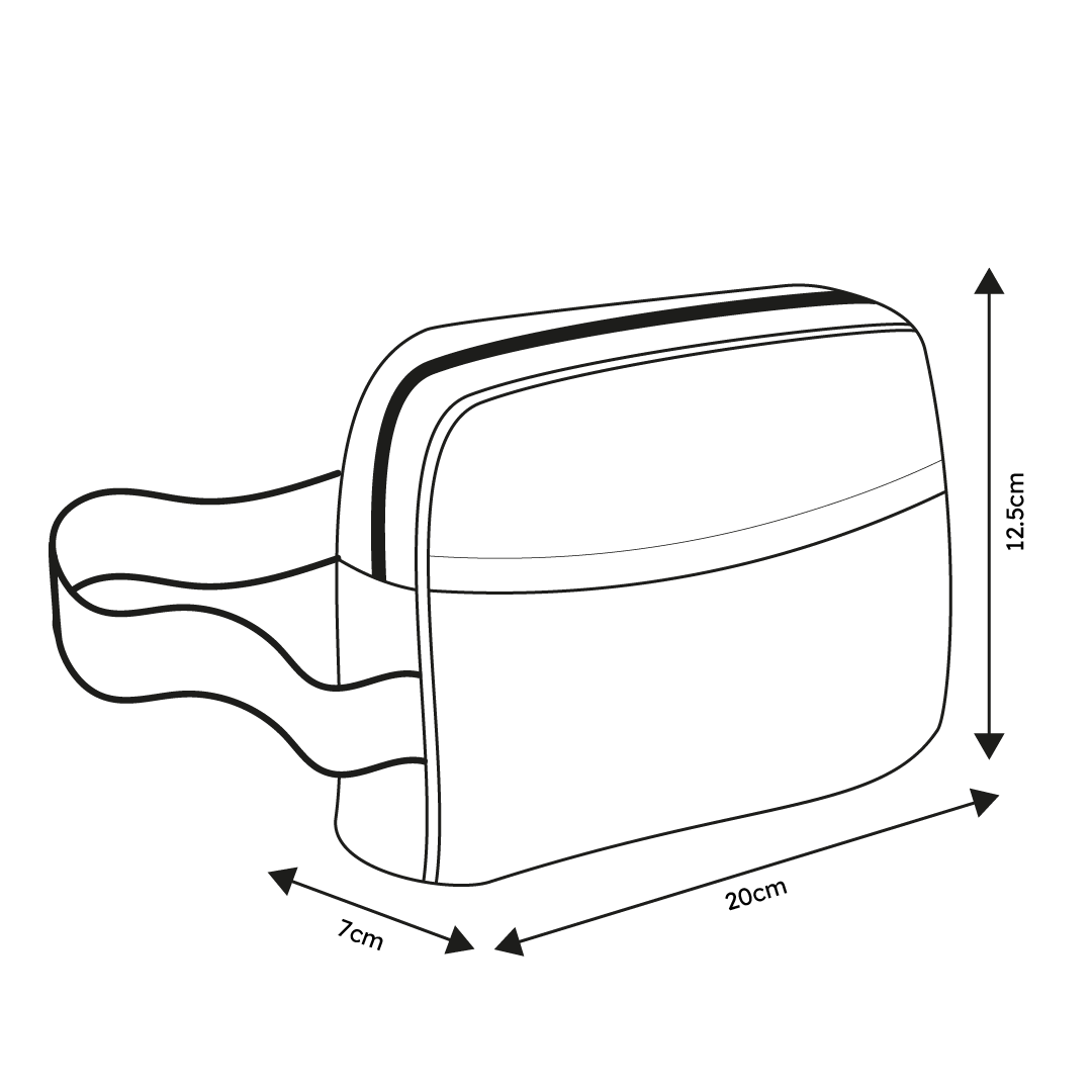 Bum Bag Size Guide with dimensions: Length 20cm, Height 12.5cm, Breadth 7cm, displayed on a neutral background.