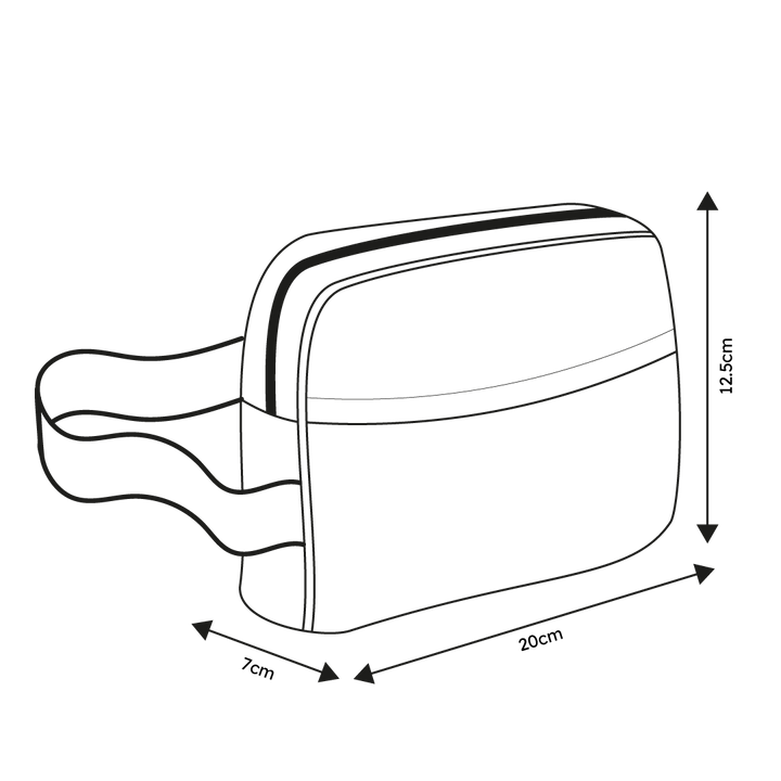 Bum Bag Size Guide with dimensions: Length 20cm, Height 12.5cm, Breadth 7cm, displayed on a neutral background.