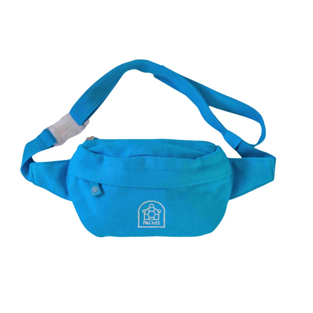 A trendy collection of kids blue bum bags displayed in various styles, perfect for playful outings and adventures.