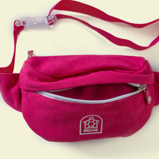 A Canvas Pink Bum Bag featuring the Pachee logo, perfect for a trendy look. Available online.