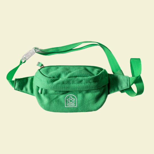 Full view of a green bum bag with adjustable straps, displayed on a clean background. Available at Pachee online store.