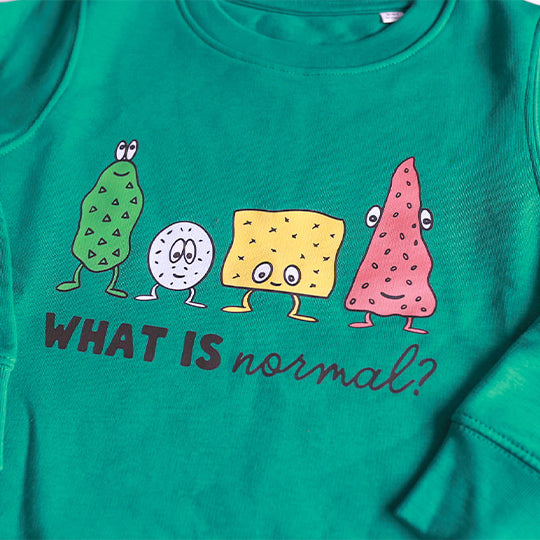 Green sweatshirt with "What is normal?" statement and funny faces printed on it, unisex, made of cotton.