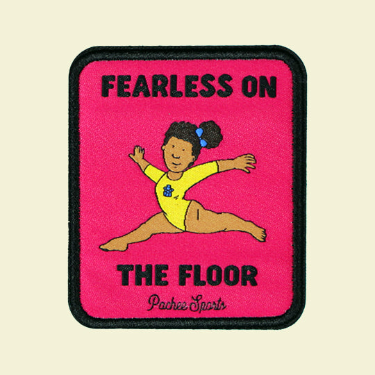 A colourful gymnastics patch from the Pachee Sports collection featuring the phrase "Fearless on the Floor" in bold text.