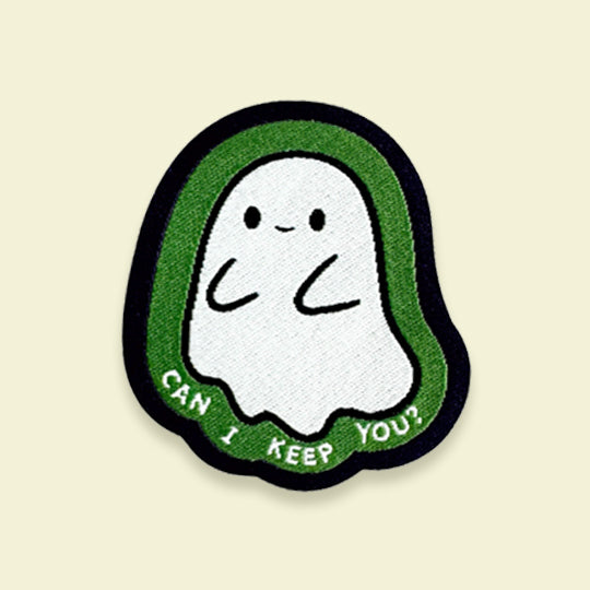 Halloween Ghost Costume Patch with the phrase 'Can I keep you?' featuring a playful ghost design.