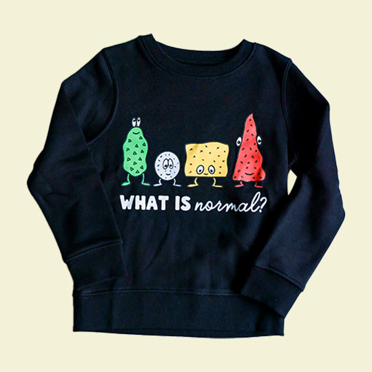 A unisex Kids black sweatshirt with a "What is Normal" statement on an organic cotton t-shirt, showcasing a minimalist, modern design.