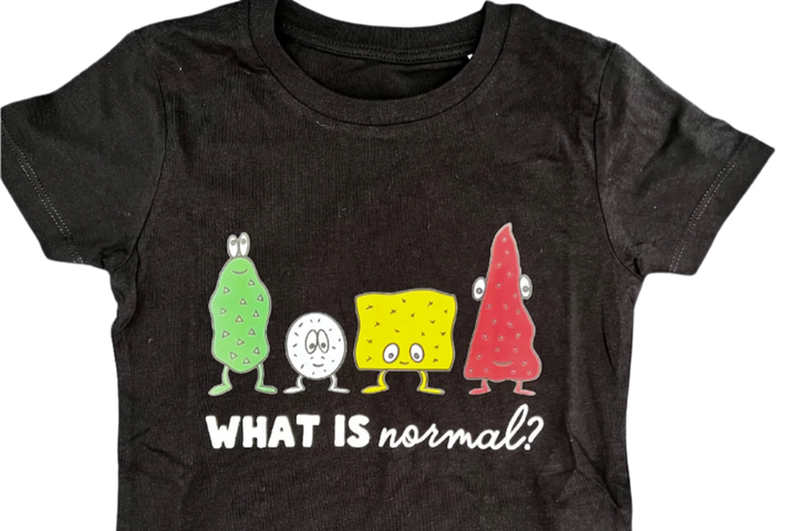 Black kids' T-shirt featuring the statement "WHAT IS normal?" in white font, with playful, funny faces for added fun.