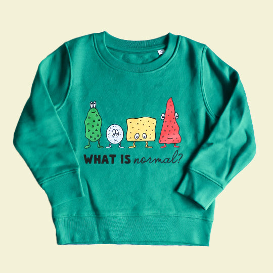 Unisex cotton green sweatshirt featuring the statement "What is normal?" in white font with playful, funny faces.