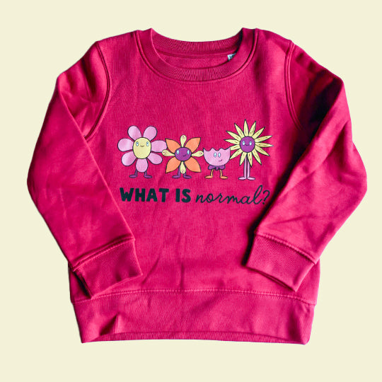 Kids' pink sweatshirt with full sleeves featuring the "What is normal?" statement and funny face prints.