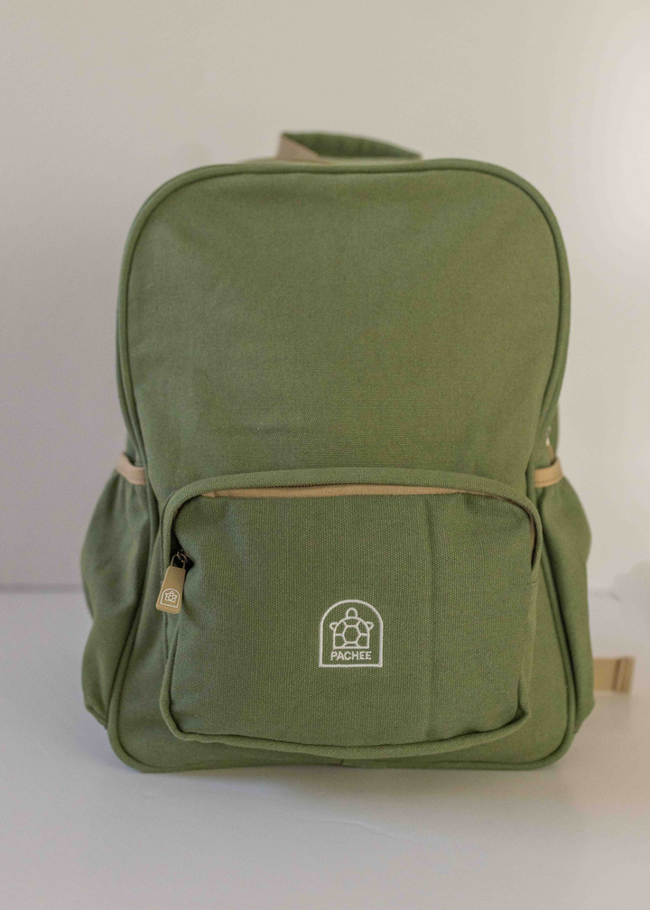 Kids small backpacks in sage green color displayed in an online store, Pachee, perfect for school or outdoor adventures.