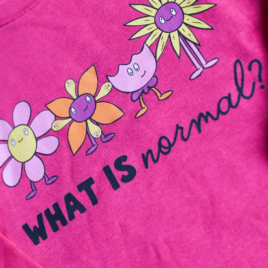 Kids Pink sweatshirt with "What is normal?" statement and cute flower faces printed on it. Ideal for casual, fun wear.