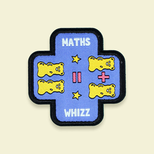 A Maths Whizz Award patch featuring a colourful design with symbols and text, celebrating achievements in mathematics.