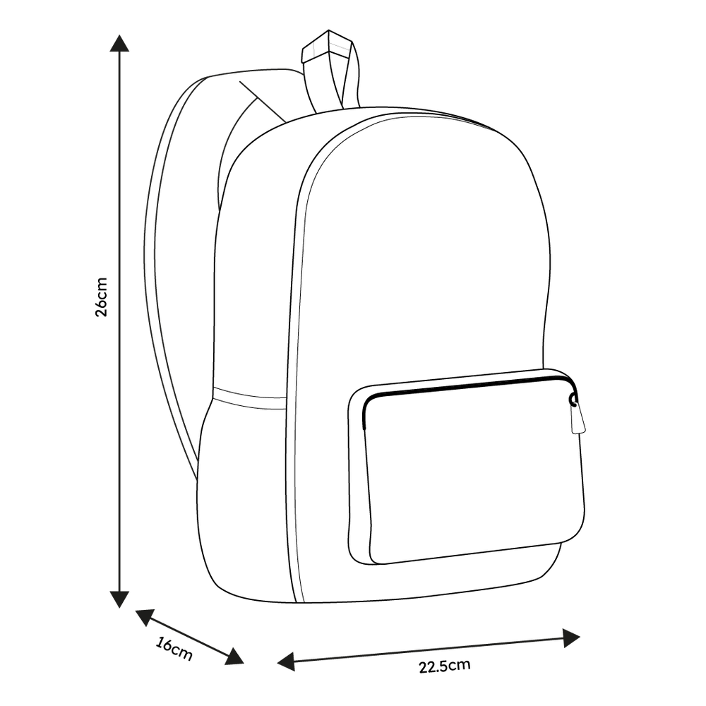 Mini backpack size guide showing height of 26cm, length of 22.5cm, and breadth of 16cm. Available at Pachee online store.