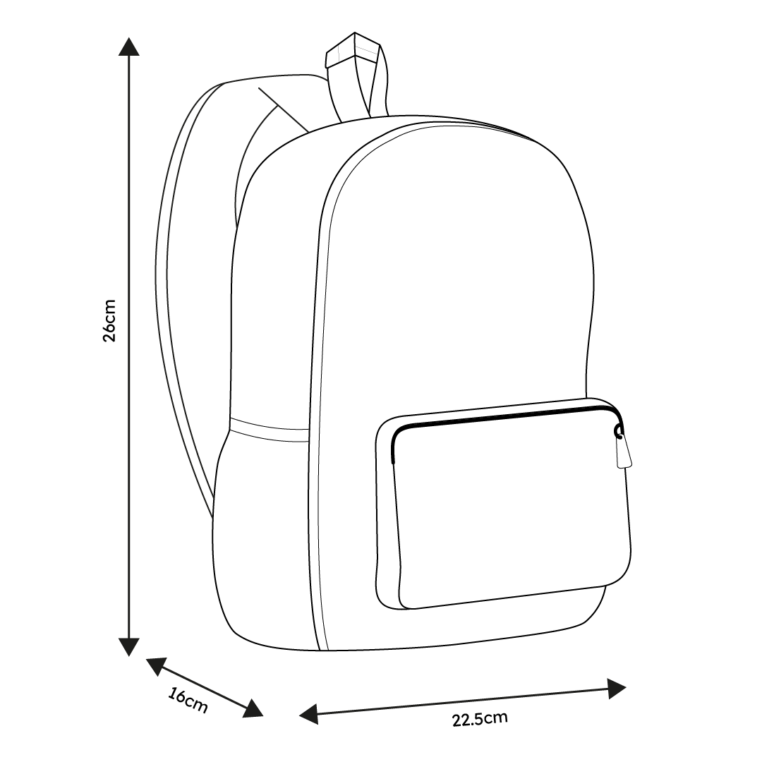 Mini backpack size guide showing height of 26cm, length of 22.5cm, and breadth of 16cm. Available at Pachee online store.