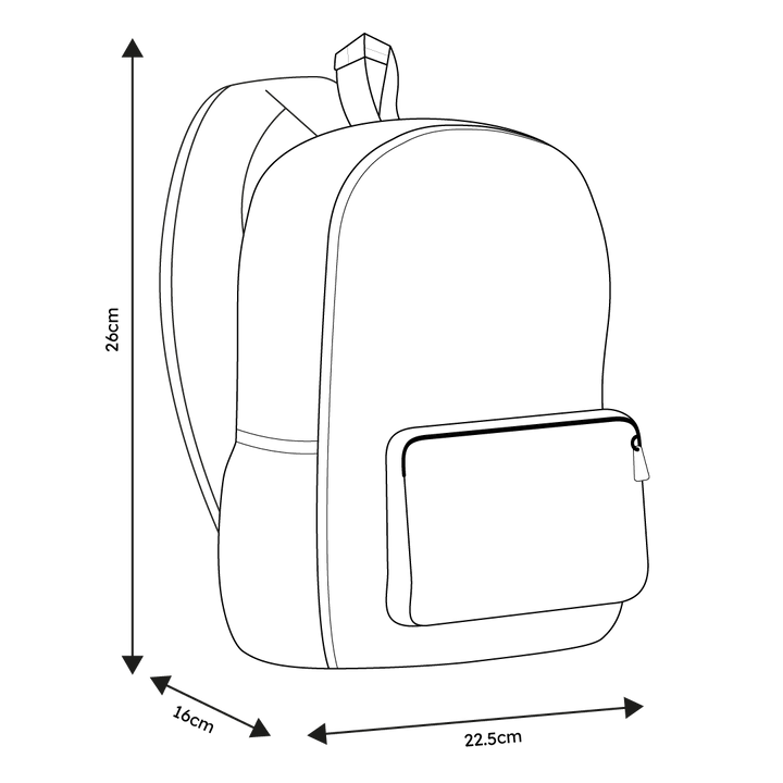 Mini backpack size guide showing height of 26cm, length of 22.5cm, and breadth of 16cm. Available at Pachee online store.