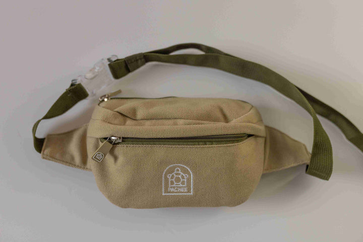 Front view of the Nice and Neutral Bum Bag with a closed zipper and adjustable lengthy strap, available at Pachee online store.