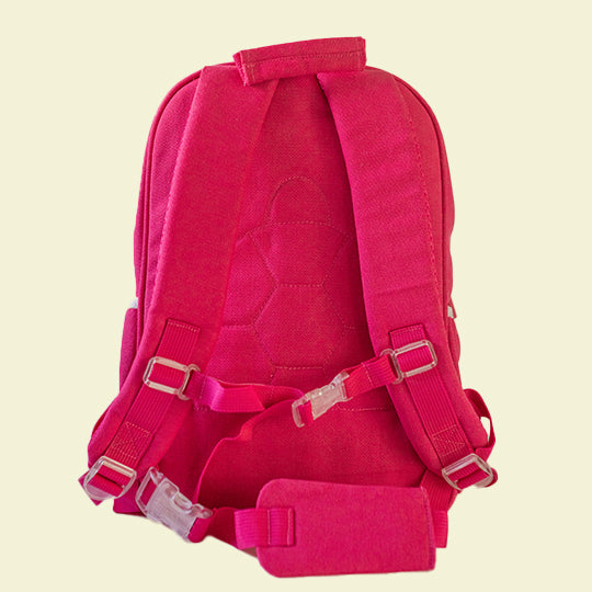 Pink preschool junior backpacks featuring adjustable shoulder and waist straps with transparent buckles for added support.