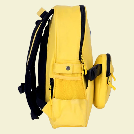 Side view of a yellow Quality Belt Backpack with a water bottle holder, made from eco-friendly cotton canvas. Available at Pachee.