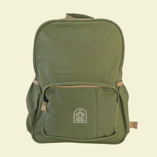 Sage green kids backpack displayed on a white background, showcasing its quality design. Available at Pachee.