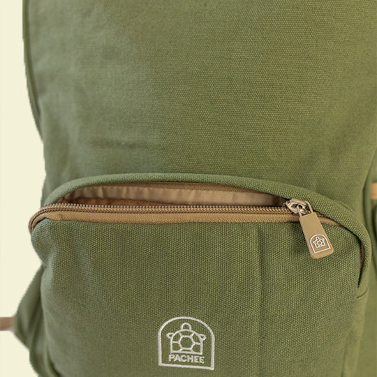 Sage Green Canvas Backpacks displayed with a small compartment open, showcasing the zipper quality and design . Shop at Pachee.