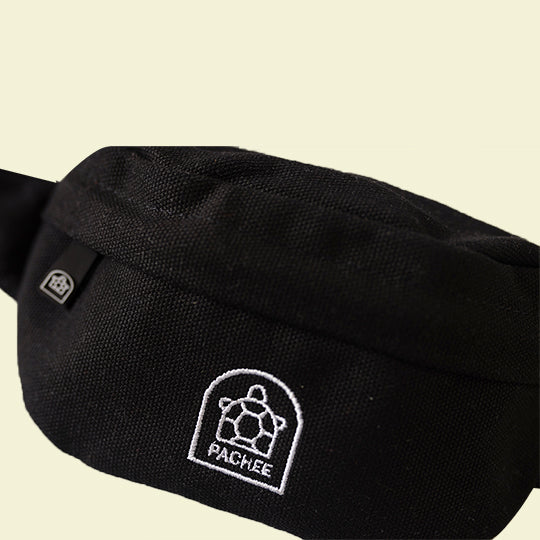 Trendy black canvas bum bags featuring quality material, a stylish design, and the Pachee logo for a fashionable look.