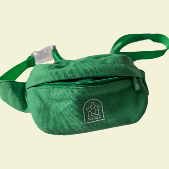 Trendy green bum bags made from durable cotton, featuring the Pachee logo and a high-quality zipper for secure storage.