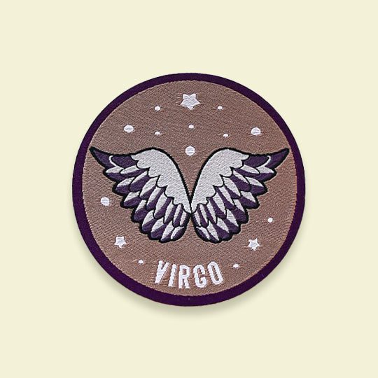 A colorful Virgo iron-on patch featuring the Virgo symbol with the name "Virgo" in bold, vibrant letters.