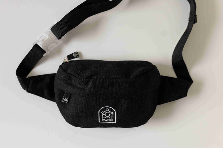 A stylish waterproof bum bag displayed from the front, featuring adjustable straps and a sleek design, perfect for outdoor activities.