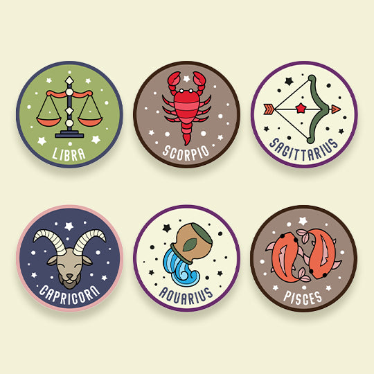 Zodiac Patches Libra, Scorpio, Sagittarius, Capricorn, Aquarius, Pisces available at Pachee UK.