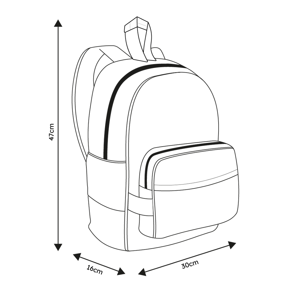 Junior backpack size guide: height 47cm, length 30cm, breadth 16cm, available at Pachee online store.