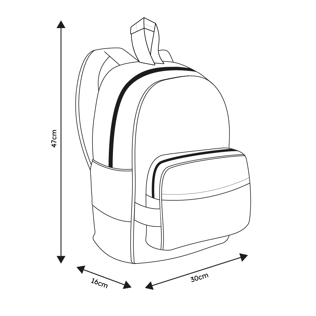 Junior backpack size guide: height 47cm, length 30cm, breadth 16cm, available at Pachee online store.