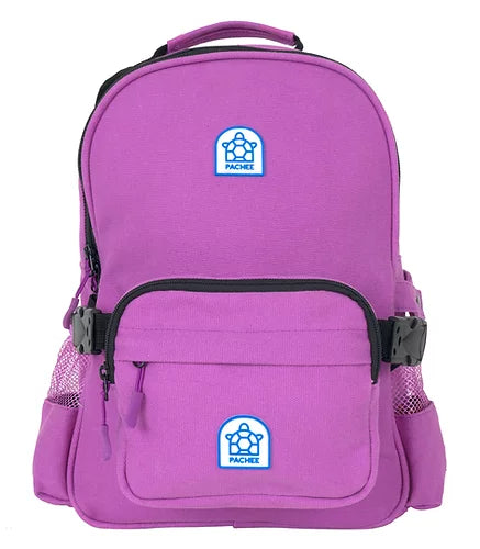 Purple belt backpack showcasing a front view, highlighting its stylish design and adjustable straps from Pachee.