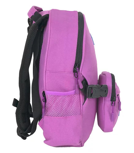 Side view of a Purple School Belt Backpack featuring a water bottle holder and adjustable straps, available at Pachee.